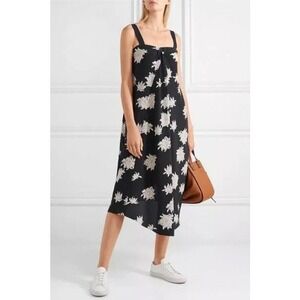 Vince Silk Midi Dress Midnight Blue Floral Sleeveless Asymmetric Size XS